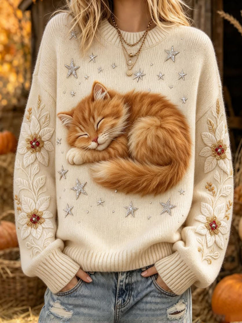Women's Beige Cat Star Print Round Neck Long Sleeve Sweater