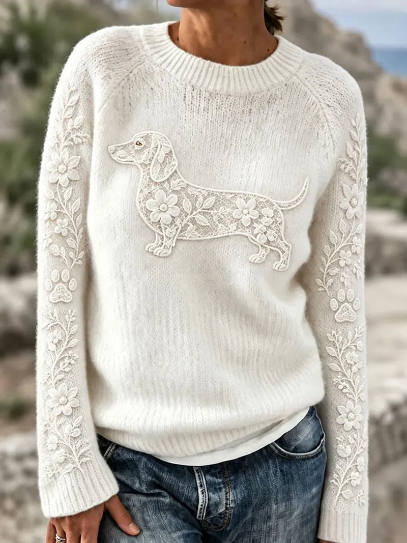 Women's Beige Dachshund Floral Print Round Neck Long Sleeve Sweater