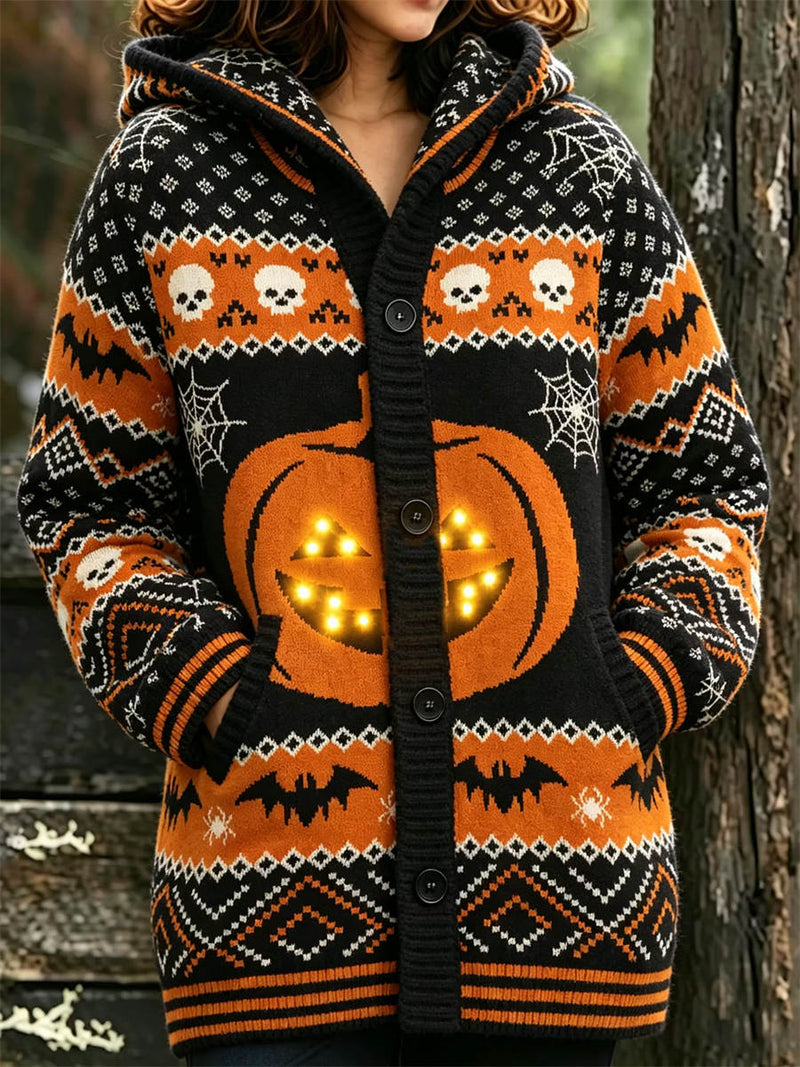 Women's Halloween Multi Bat Pumpkin Skull Print Hooded Long Sleeve Cardigan