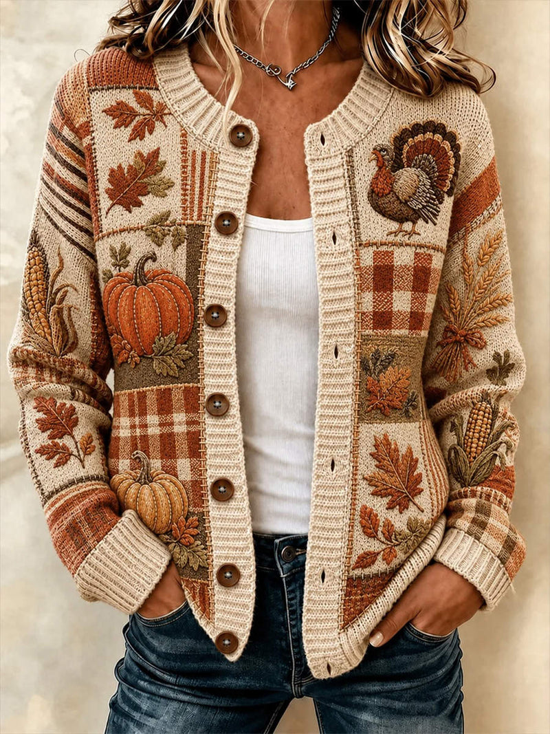 Women's Thanksgiving Beige Turkey Pumpkin Plaid Print Round Neck Long Sleeve Cardigan