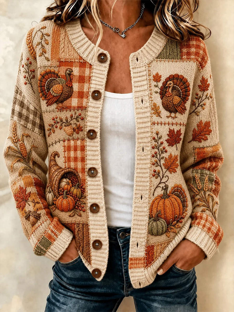 Women's Thanksgiving Beige Turkey Pumpkin Patchwork Print Round Neck Long Sleeve Cardigan