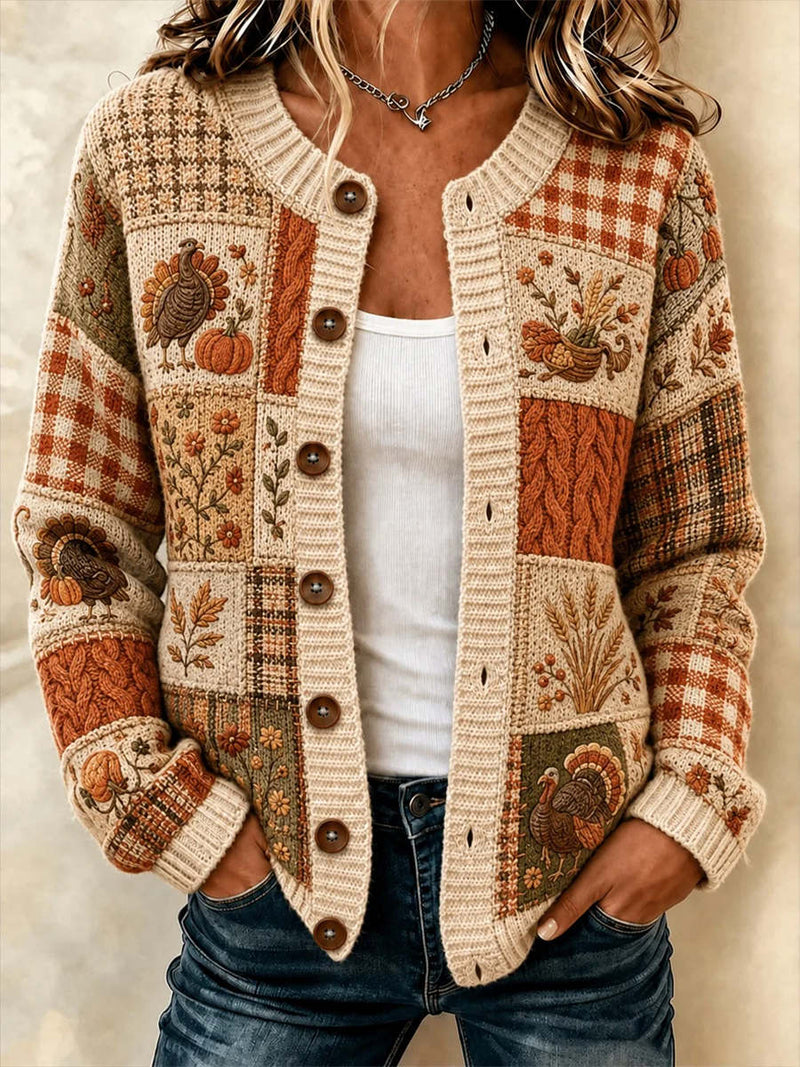 Women's Thanksgiving Beige Turkey Print Round Neck Long Sleeve Cardigan