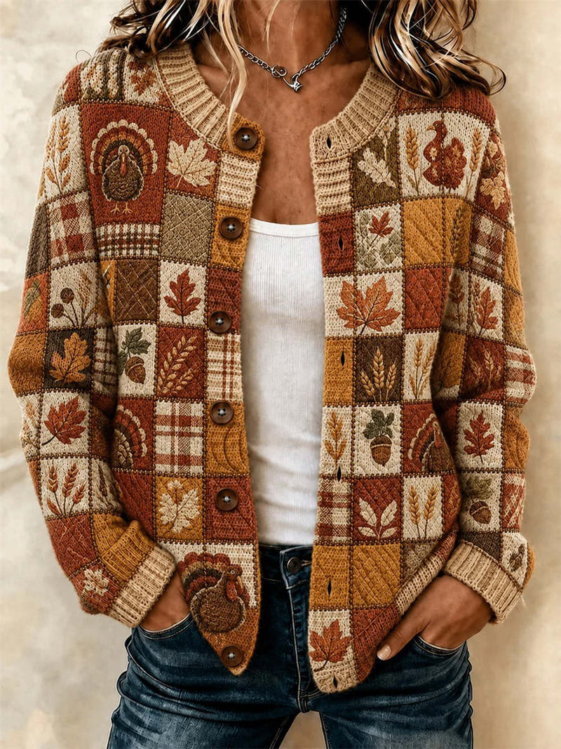 Women's Thanksgiving Multi Turkey Maple Leaf Patchwork Round Neck Long Sleeve Cardigan