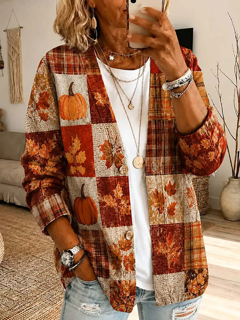 Women's Thanksgiving Pumpkin Maple Leaf Plaid Patchwork V Neck Long Sleeve Cardigan