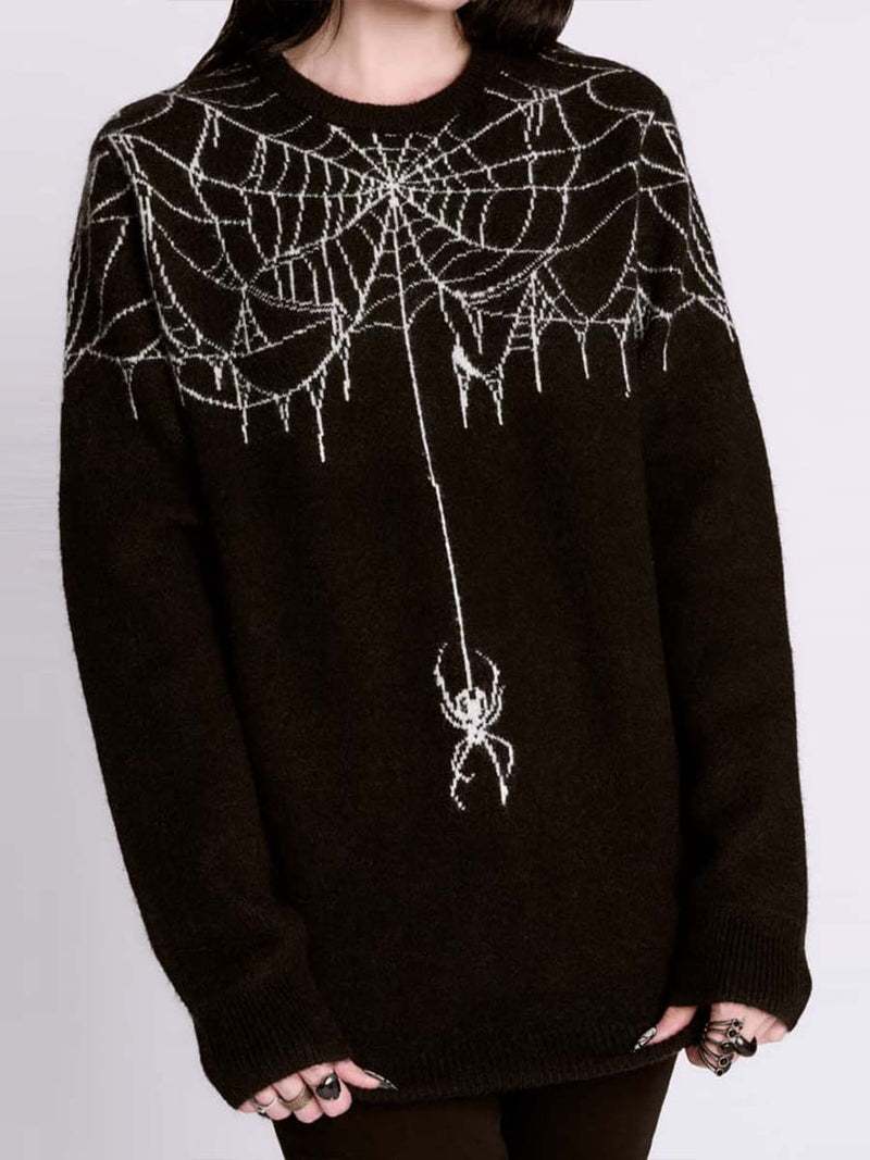 Women's Halloween Black Spider Web Print Round Neck Long Sleeve Sweater
