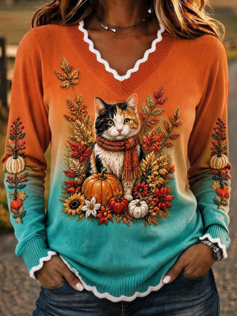 Women's Halloween Orange Green Cat Scarf Print V Neck Long Sleeve Sweater