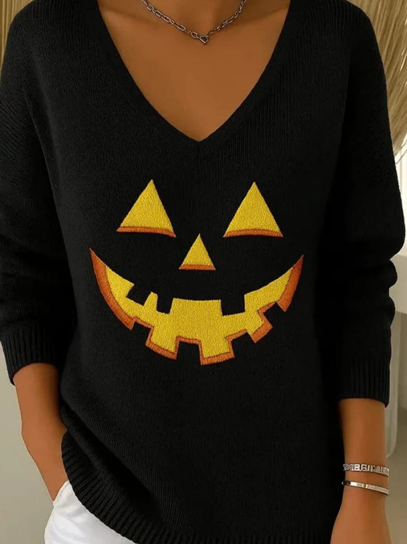 Women's Halloween Black Pumpkin Face Print V Neck 3/4 Sleeve Sweater