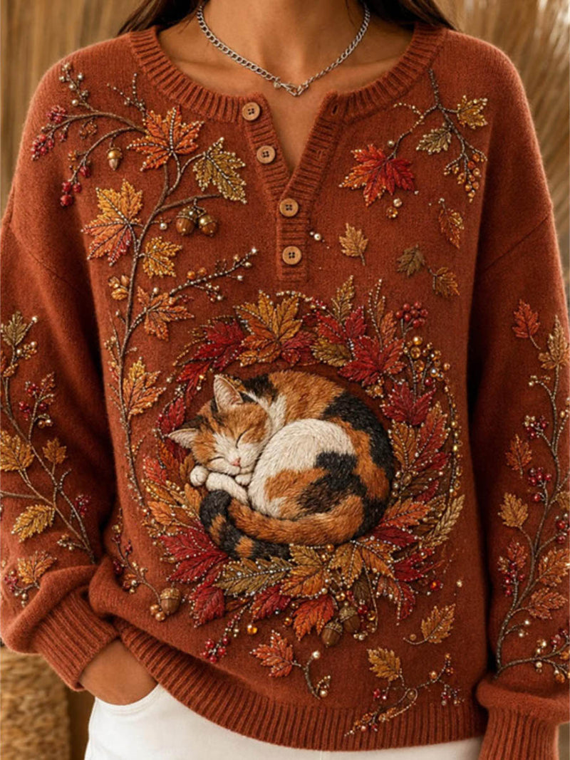 Women's Brown Cat Leaf Print Henley Neck Long Sleeve Sweater