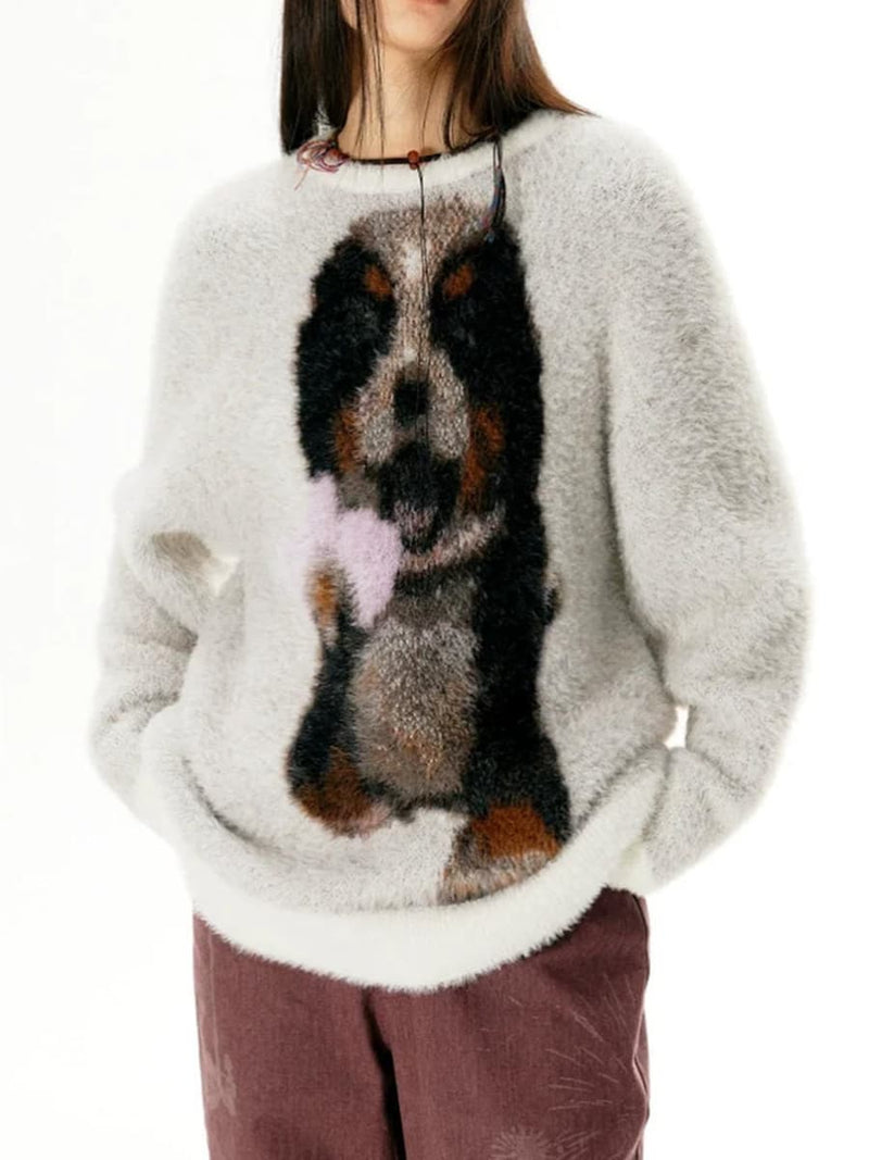 Women's White Dog Print Round Neck Long Sleeve Sweater