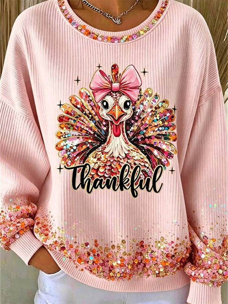 Women's Thanksgiving Pink Turkey Thankful Print Round Neck Long Sleeve Sweater