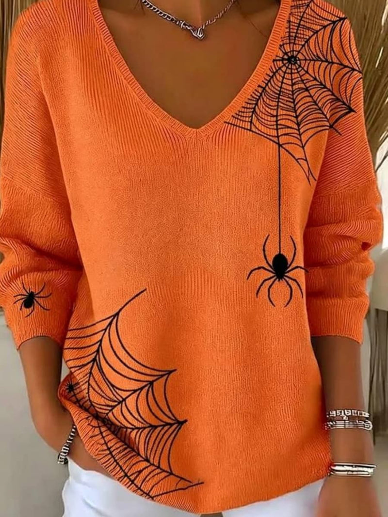 Women's Halloween Orange Spider Web Print V Neck Long Sleeve Sweater