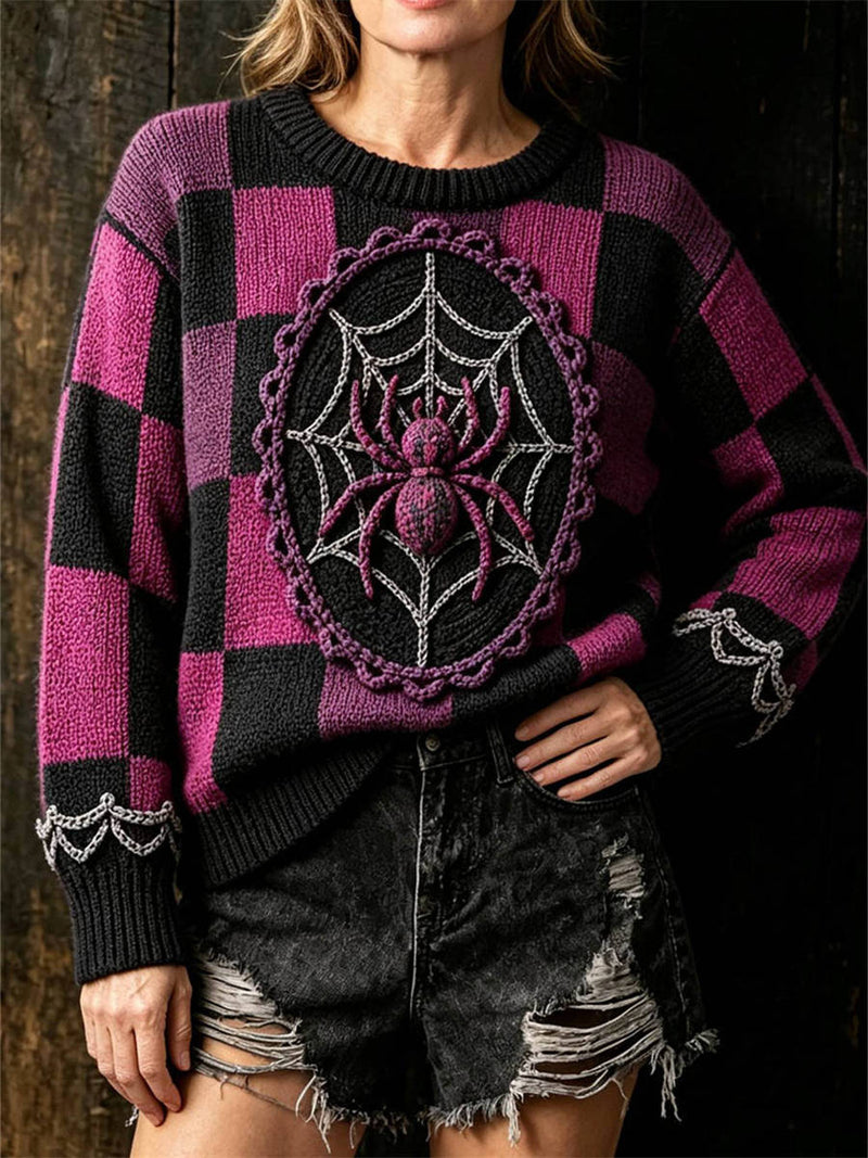 Women's Halloween Purple Black Spider Web Print Round Neck Long Sleeve Sweater