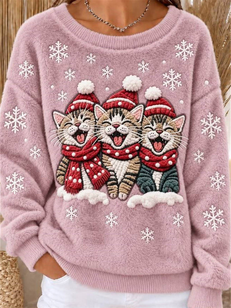 Women's Christmas Pink Cat Snowflake Print Round Neck Long Sleeve Sweater