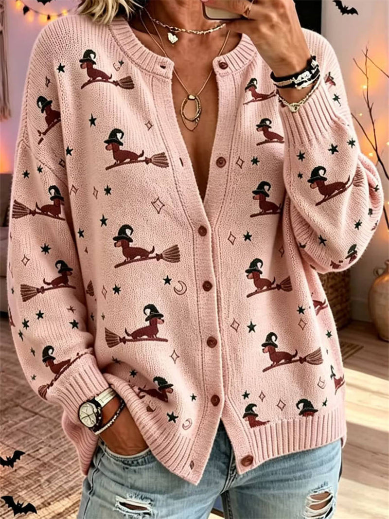 Women's Halloween Pink Dog Witch Print Cardigan V Neck Long Sleeve Cardigan