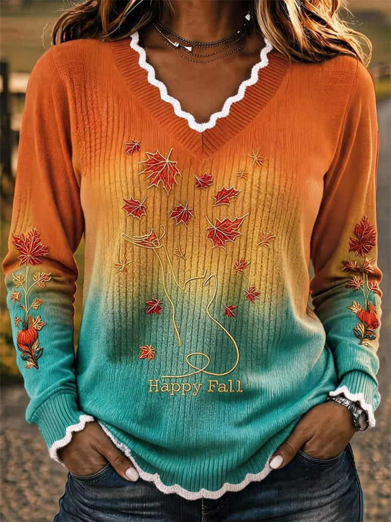 Women's Orange Leaf Print V Neck Long Sleeve Sweater