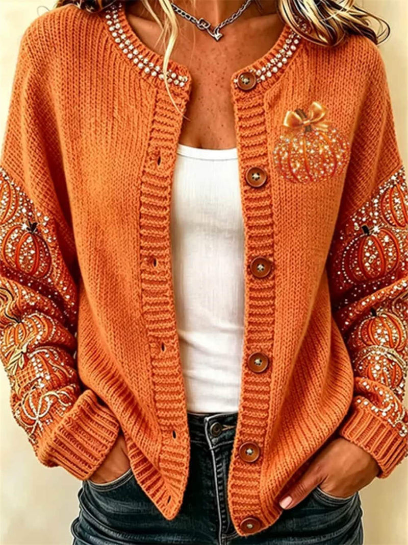 Women's Halloween Orange Pumpkin Print Round Neck Long Sleeve Cardigan