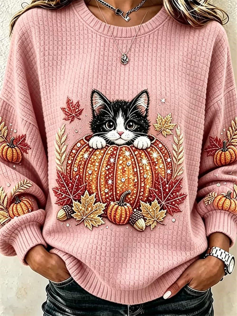 Women's Halloween Pink Cat Pumpkin Print Round Neck Long Sleeve Sweater