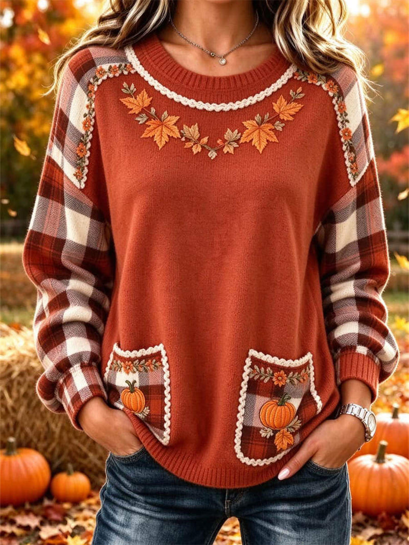 Women's Halloween Orange Plaid Pumpkin Print Round Neck Long Sleeve Sweater