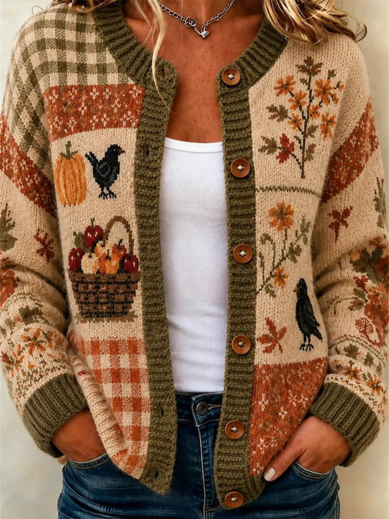 Women's Thanksgiving Beige Pumpkin Bird Print Round Neck Long Sleeve Cardigan