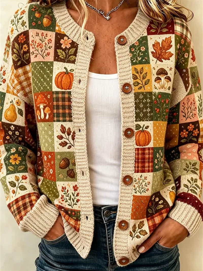 Women's Thanksgiving Beige Pumpkin Print Round Neck Long Sleeve Cardigan