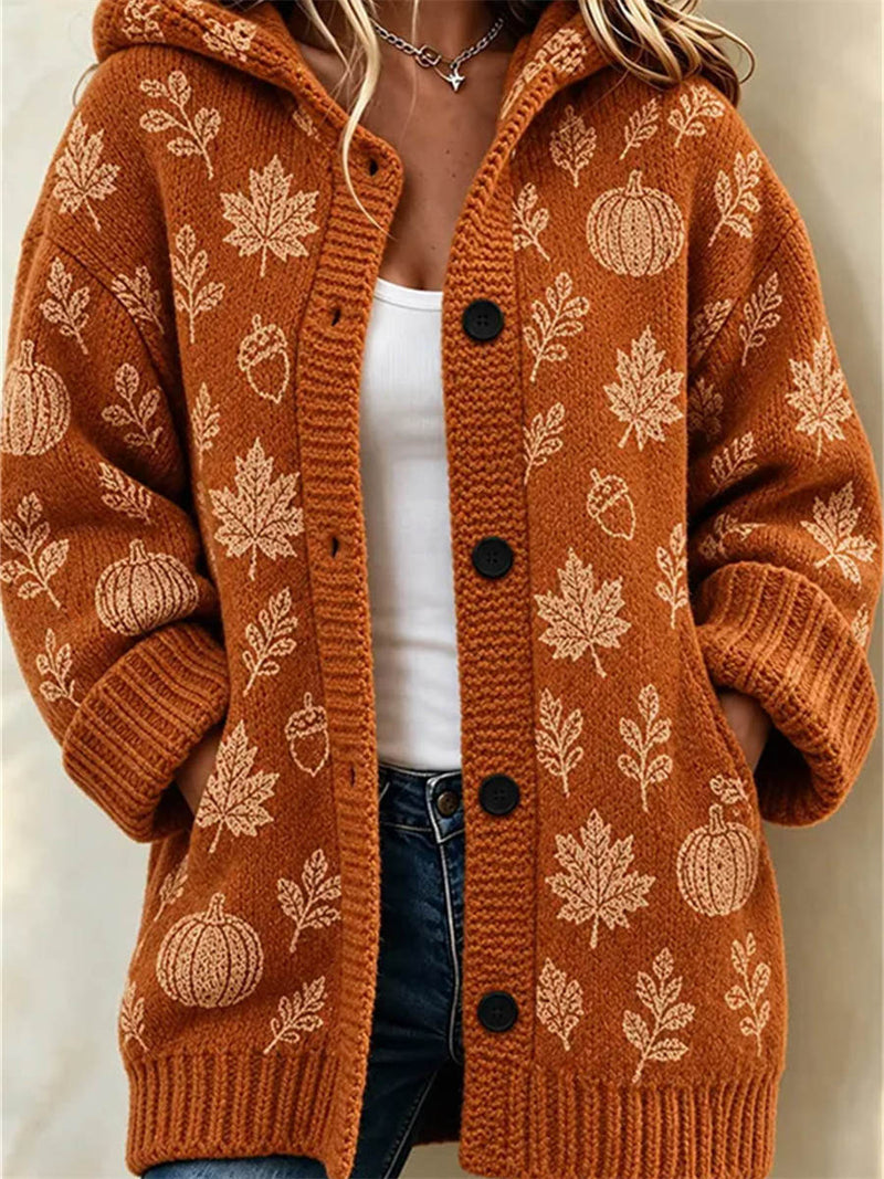 Women's Thanksgiving Orange Pumpkin Leaf Print Hooded Long Sleeve Sweater Coat