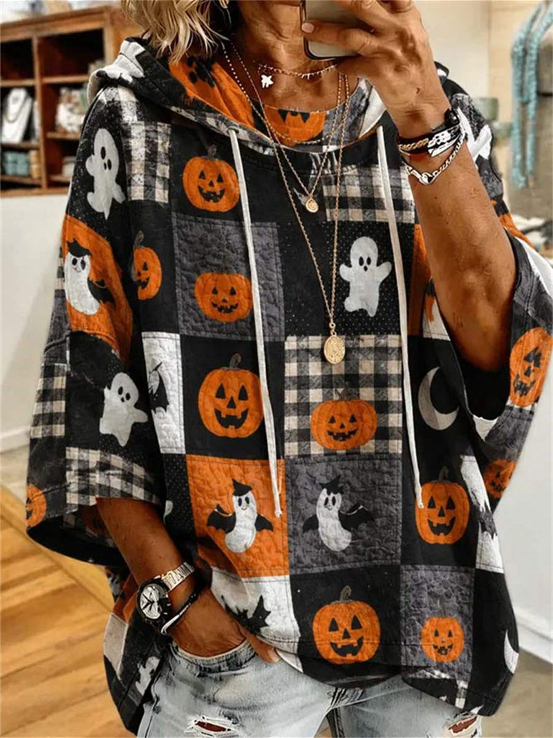 Women's Halloween Multi Pumpkin Ghost Plaid Patchwork Print Round Neck 3/4 Sleeve Hoodie