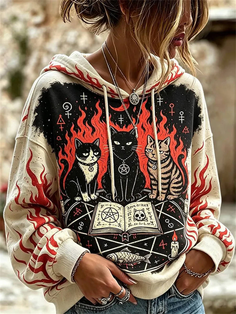 Women's Halloween Multi Gothic Black Cat Pentagram Flame Print Round Neck Hoodie