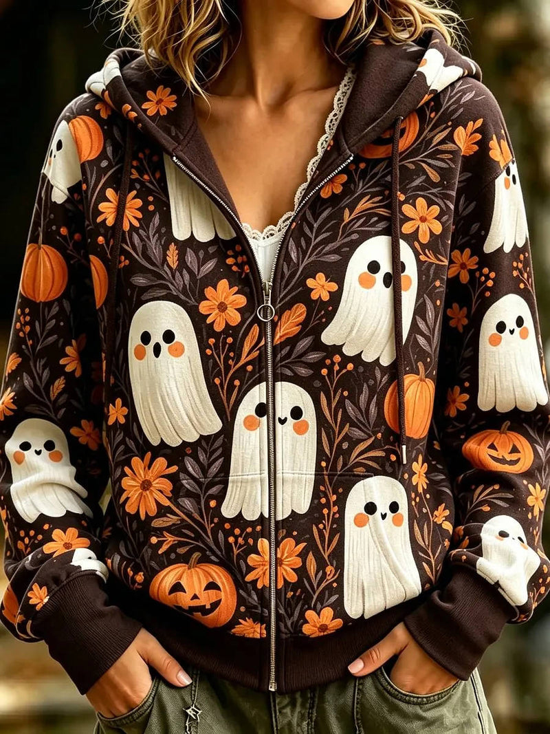 Women's Halloween Dark Brown Ghost Pumpkin Floral Print Zip Up Hoodie
