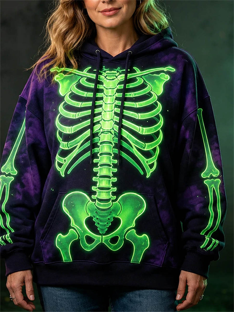 Women's Halloween Multi Skeleton Print Round Neck Hoodie