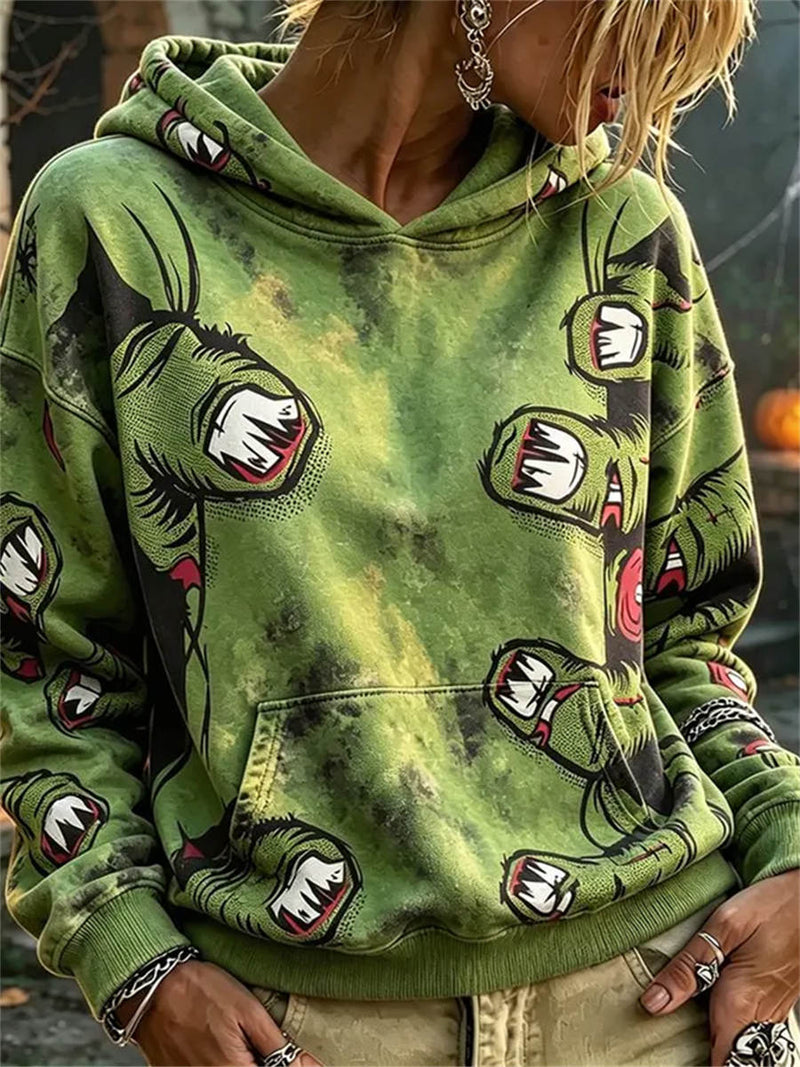Women's Halloween Multi Zombie Hand Print Round Neck Hoodie