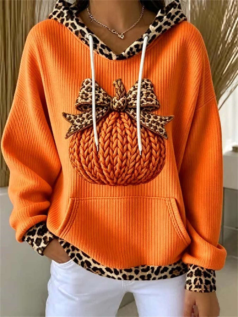Women's Halloween Orange Knitted Pumpkin Leopard Bow Patchwork Print Hoodie
