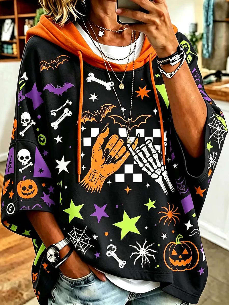 Women's Halloween Black Pumpkin Skeleton Bat Spider Star Print Contrast Hoodie