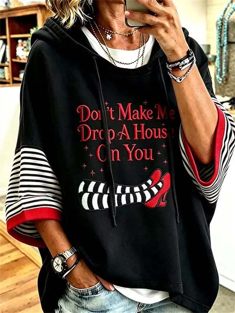 Women's Halloween Black Text Witch Shoe Stripe Splicing Print Hoodie