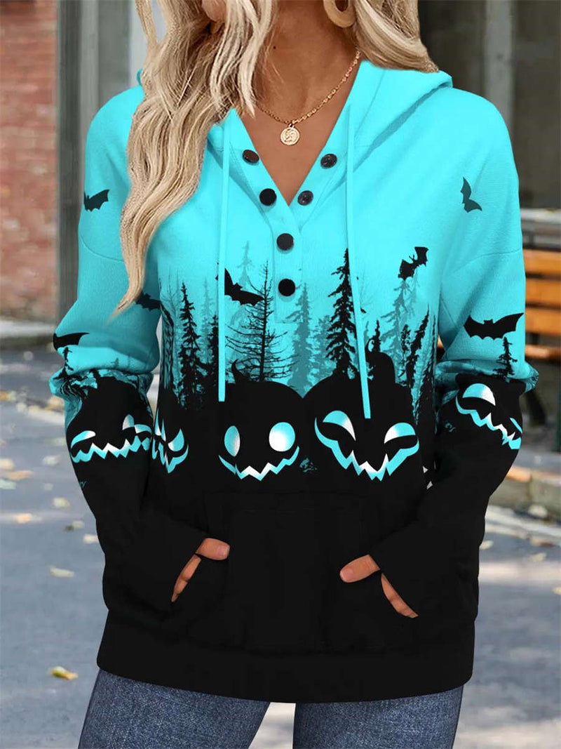 Women's Halloween Multi Pumpkin Bat V Neck Hoodie