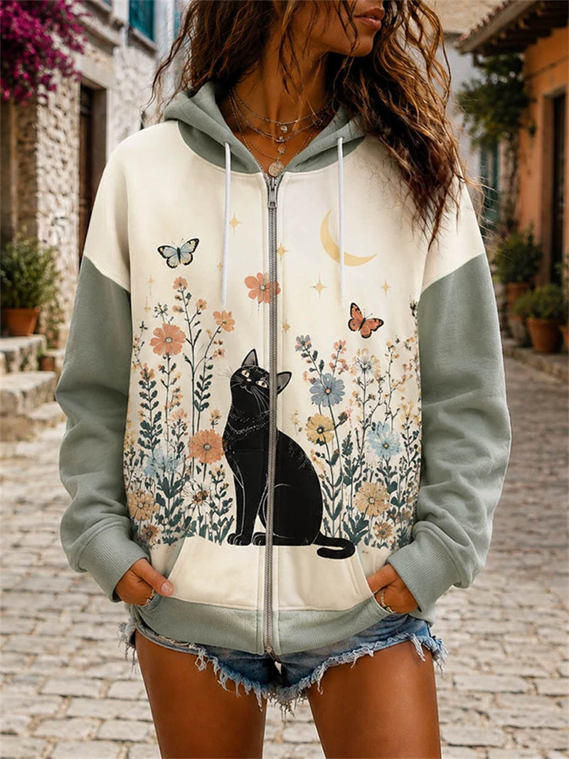 Women's Multi Colorblock Black Cat Wildflower Butterfly Graphic Hoodie