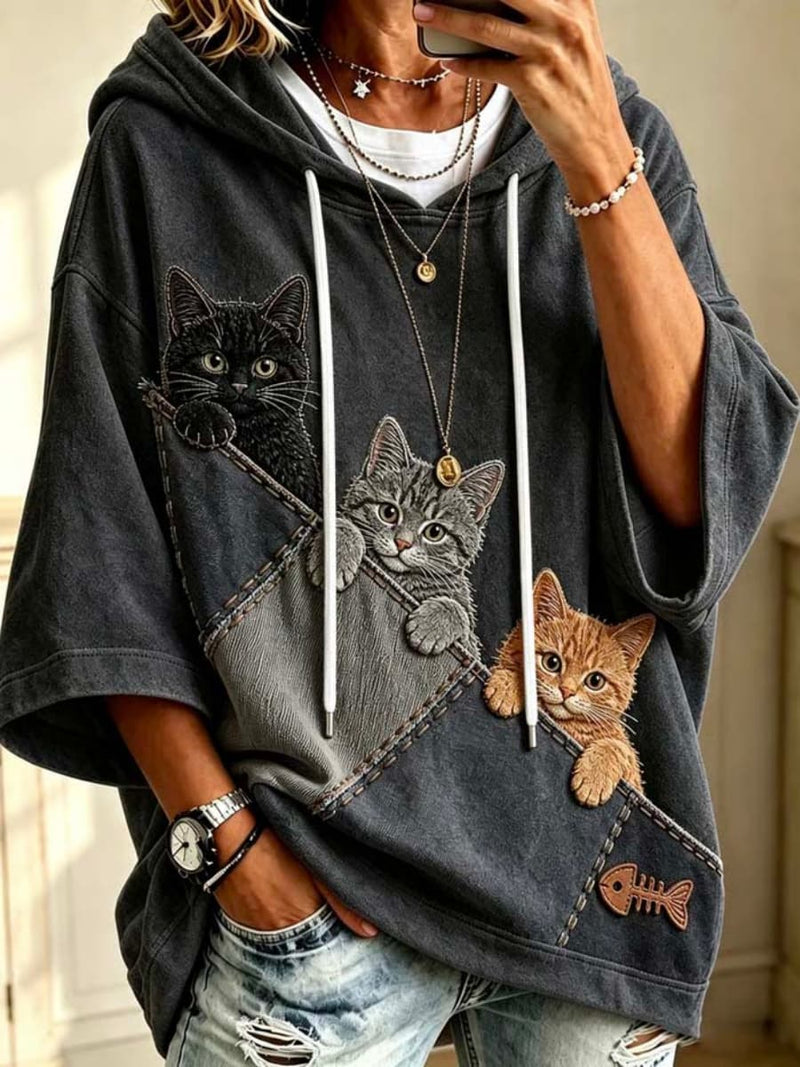 Women's Dark Grey Pocket Cat Print Round Neck Short Sleeve Hoodie