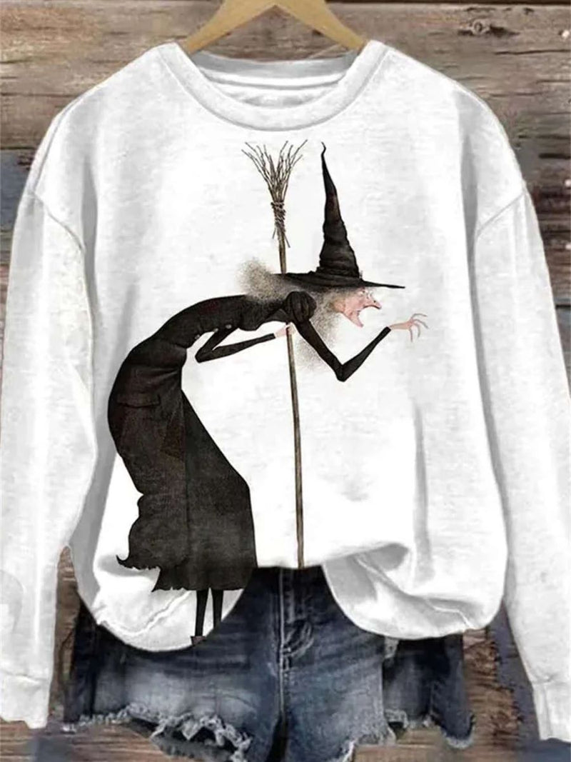 Women's Halloween White Witch Print Round Neck Sweatshirt
