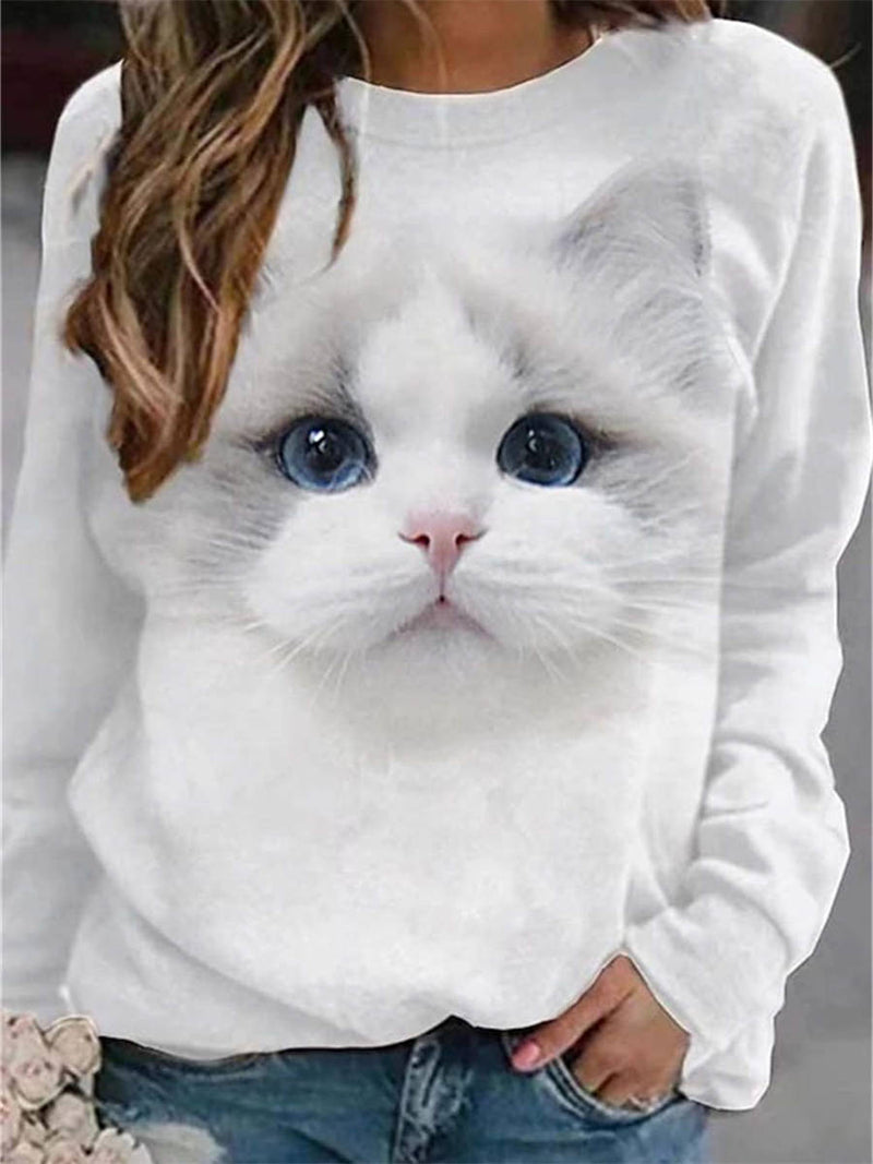 Women's White 3D Cat Print Round Neck Sweatshirt