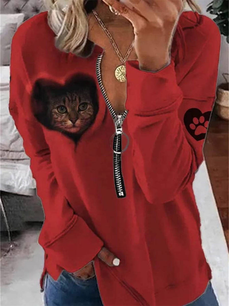 Women's Red Heart Cat Print Half Zip V Neck Sweatshirt