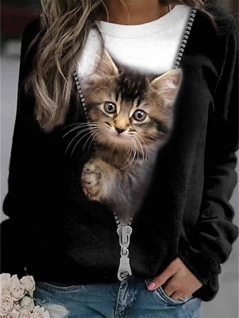 Women's Black Zipper Cat Print Round Neck Sweatshirt
