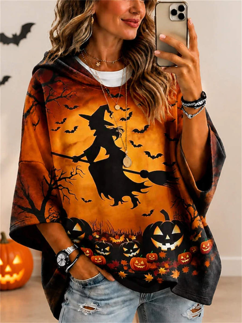Women's Halloween Multi Witch Pumpkin Bat Print Hooded Three Quarter Sleeve Hoodie