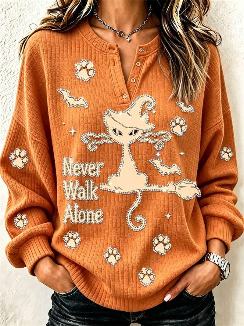 Women's Halloween Orange Cat Witch Paw Bat Henley Long Sleeve Sweatshirt