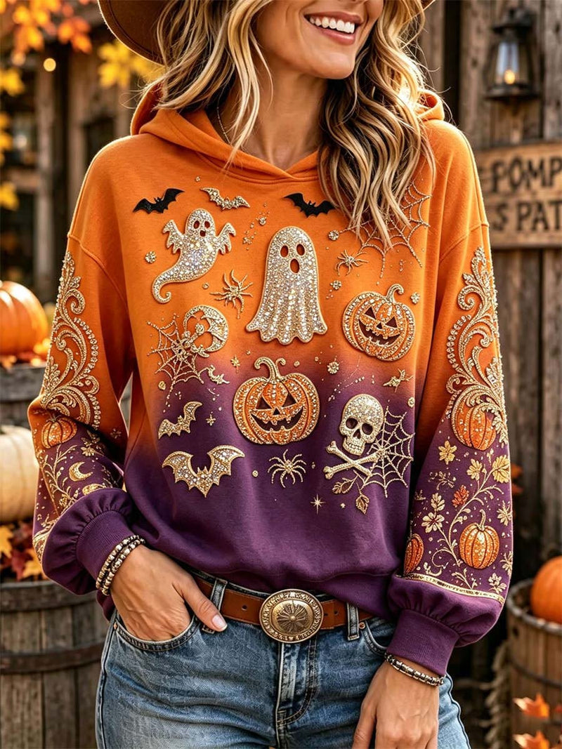 Women's Halloween Multi Ghost Pumpkin Bat Print Hooded Long Sleeve Hoodie