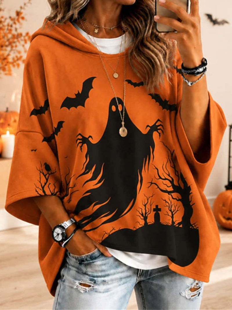 Women's Halloween Orange Ghost Bat Print Hooded Three Quarter Sleeve Hoodie