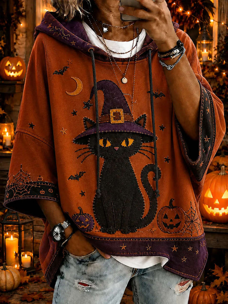 Women's Halloween Multi Black Cat Pumpkin Print Hooded Three Quarter Sleeve Hoodie