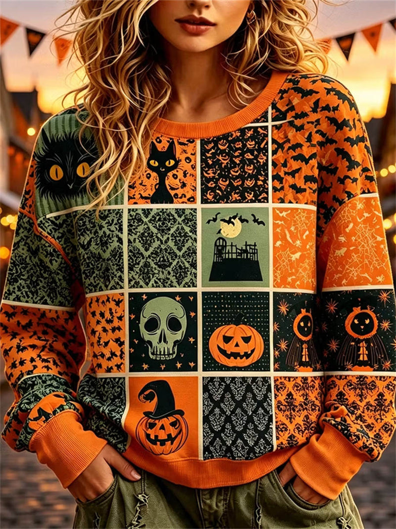 Women's Halloween Orange Patchwork Graphic Print Round Neck Sweatshirt