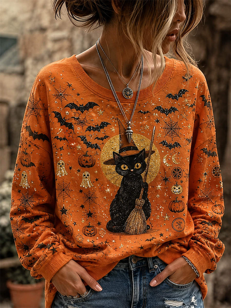Women's Halloween Orange Black Cat Pumpkin Print Round Neck Sweatshirt