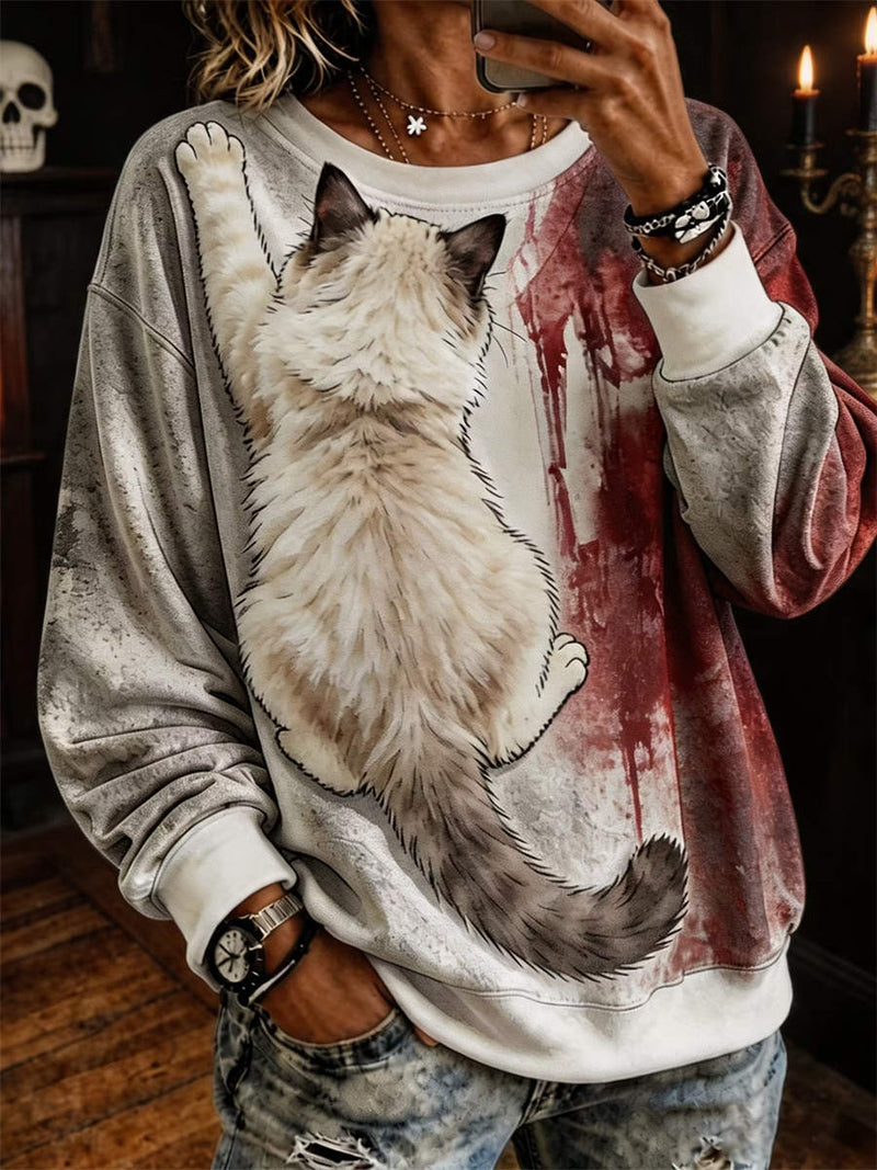 Women's Halloween Multi Cat Print Round Neck Sweatshirt