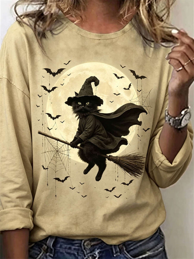 Women's Halloween Beige Black Cat Witch Print Round Neck Long Sleeve Sweatshirt