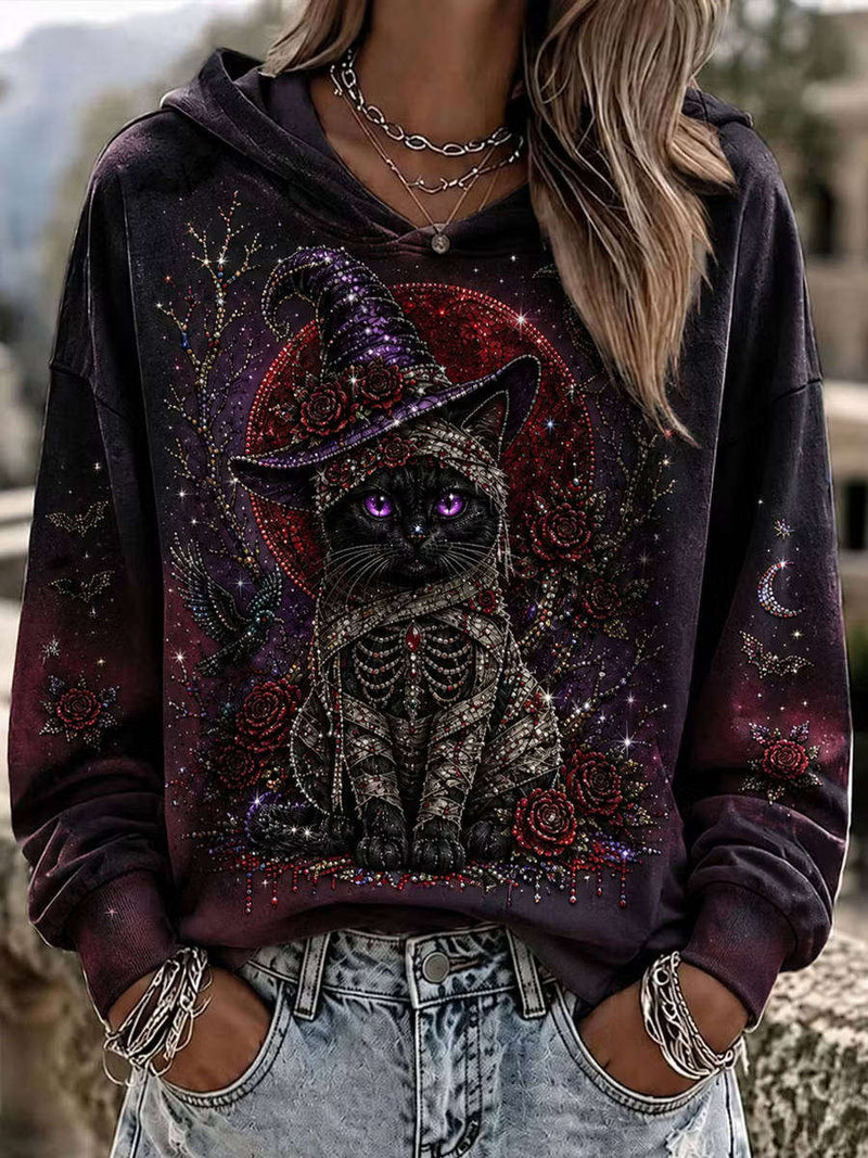 Women's Halloween Multi Black Cat Mummy Print Hooded Long Sleeve Hoodie